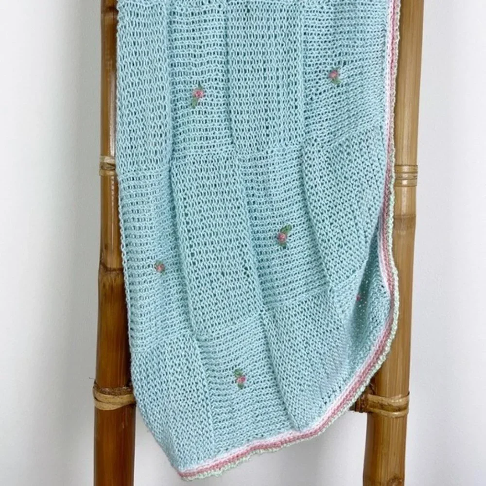 Vintage Blue Crochet Rosebud Handmade Blanket